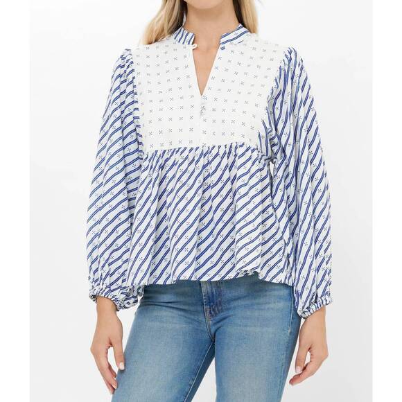 OLIPHANT Tops - NEW OLIPHANT puff sleeve mandarin balloon top in blue stripe